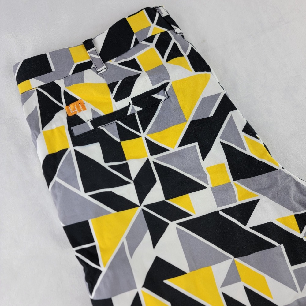 Loudmouth Golf Pants Mens 34x32 (31.5) Yellow Black Geometric Print Cotton